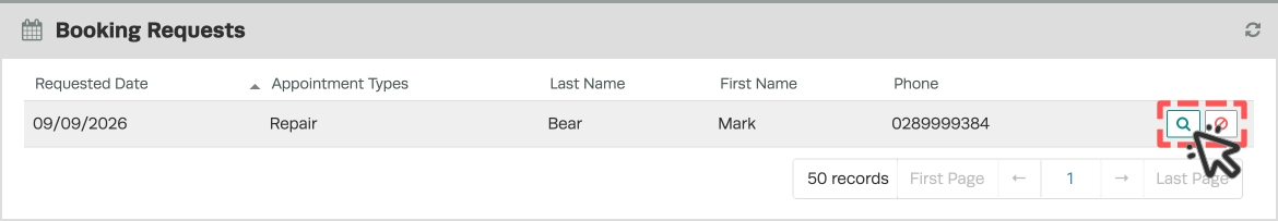 A screenshot of the Booking Request page, the open and delete buttons are highlighted.