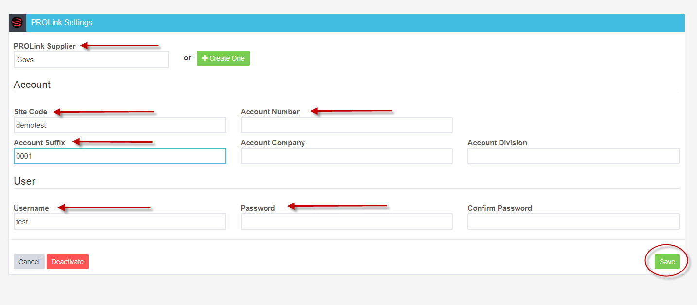 Workshop Software integrate with covs/prolink showing prolink account information and click ‘ save ’