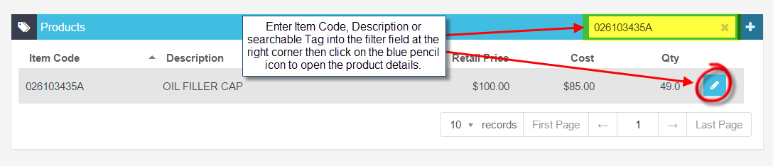 Products list with an item code entered in the filter and the blue pencil icon circled