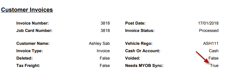 Workshop Software screen showing if true, that transaction hasn't synced to your accounting software yet if fa...