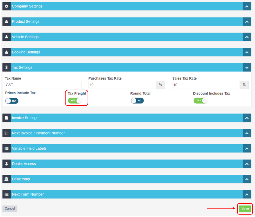 Workshop Software screen showing under the sub heading tax settings click on the button under tax freight to c...