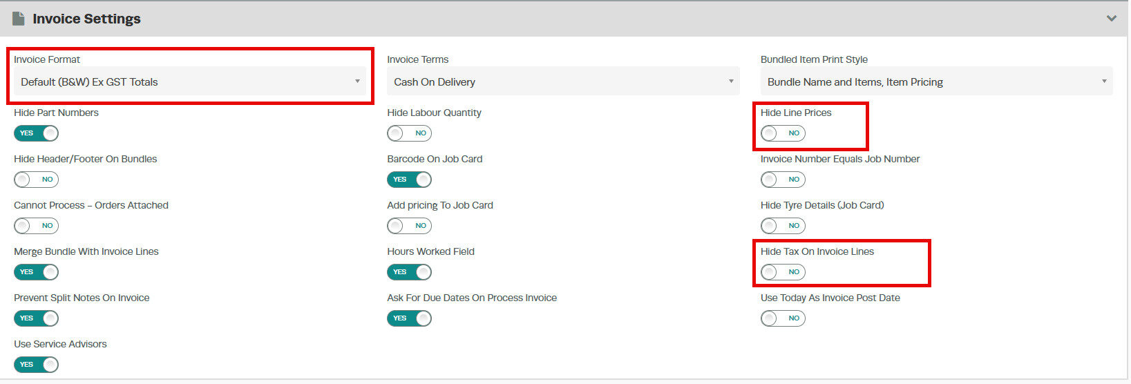 Workshop Software screen showing this invoice format prints invoice with the unit price total showing excludin...