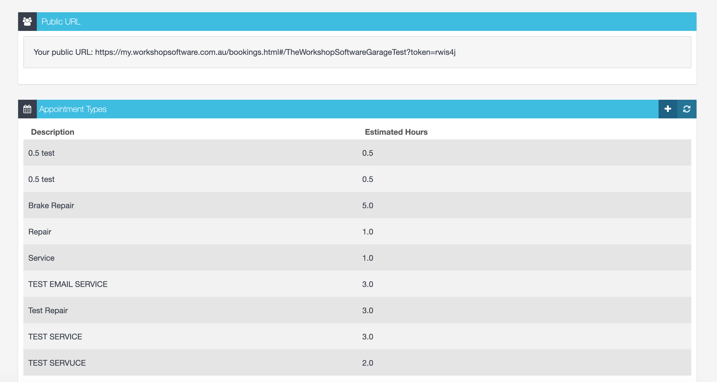 Workshop Software screen showing in the section called appointment types press the 'plus' button on the right ...