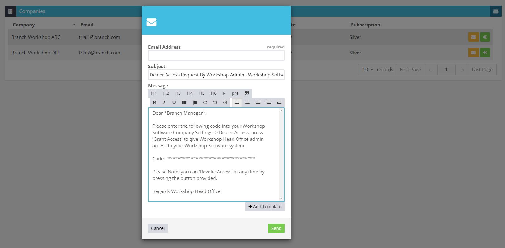 Workshop Software screen showing this gives you the option to send an email with the code n eeded to grant the...
