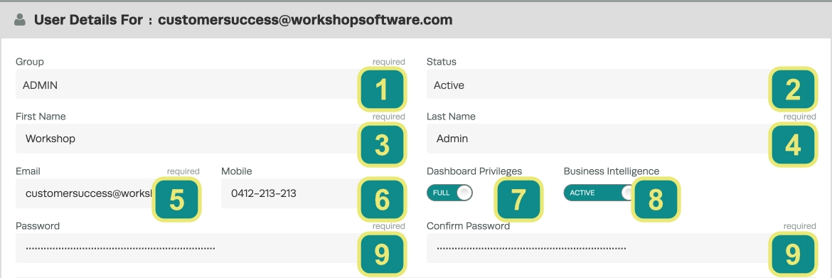 A cropped screenshot of a User's Web App Details, the settings are numbered.