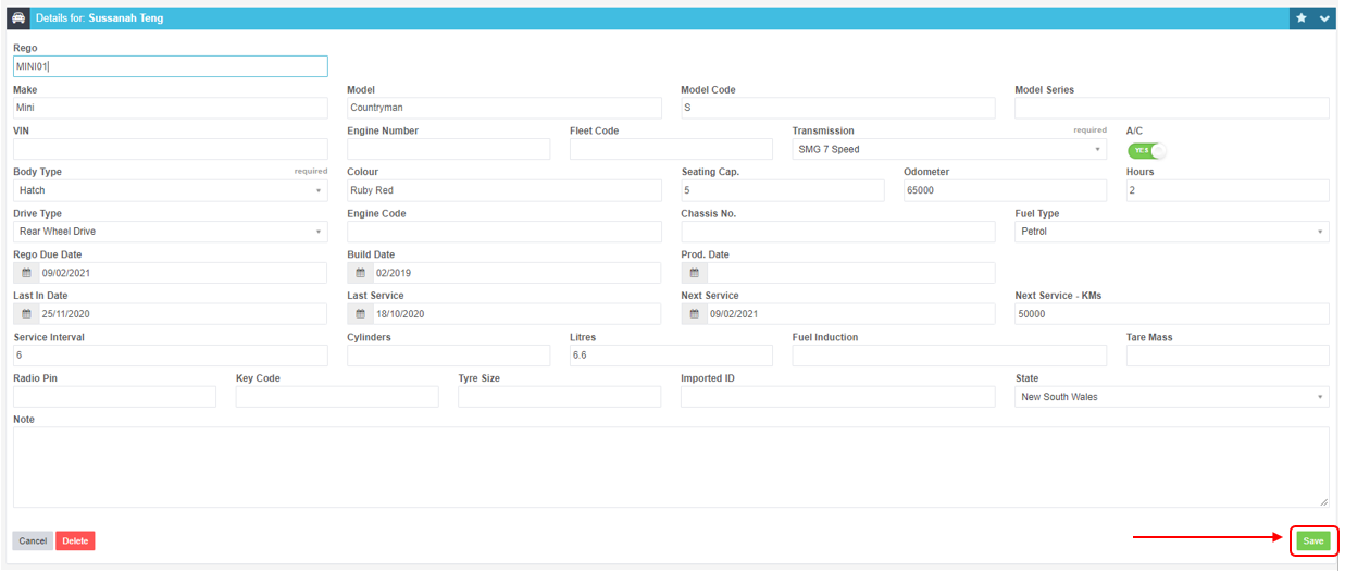 Workshop Software screen showing once you have finished making the changes or additions click on the green 'sa...