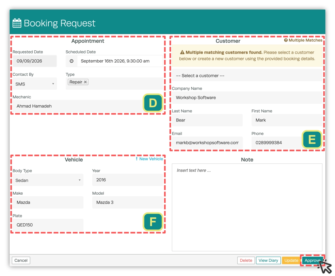 A screenshot of the Booking Request pop up, the Appointment, Customer and Vehicle fields are highlighted and assigned a character.