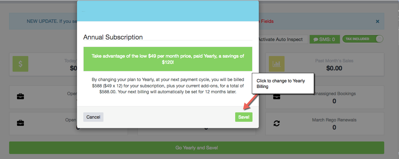 Workshop Software screen showing simply click on the green banner to "go yearly and save!"