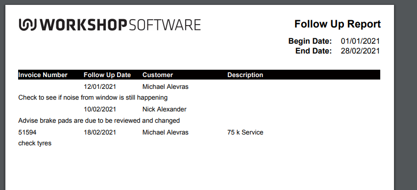 Follow Up Report listing invoice numbers, follow up dates, customers and descriptions