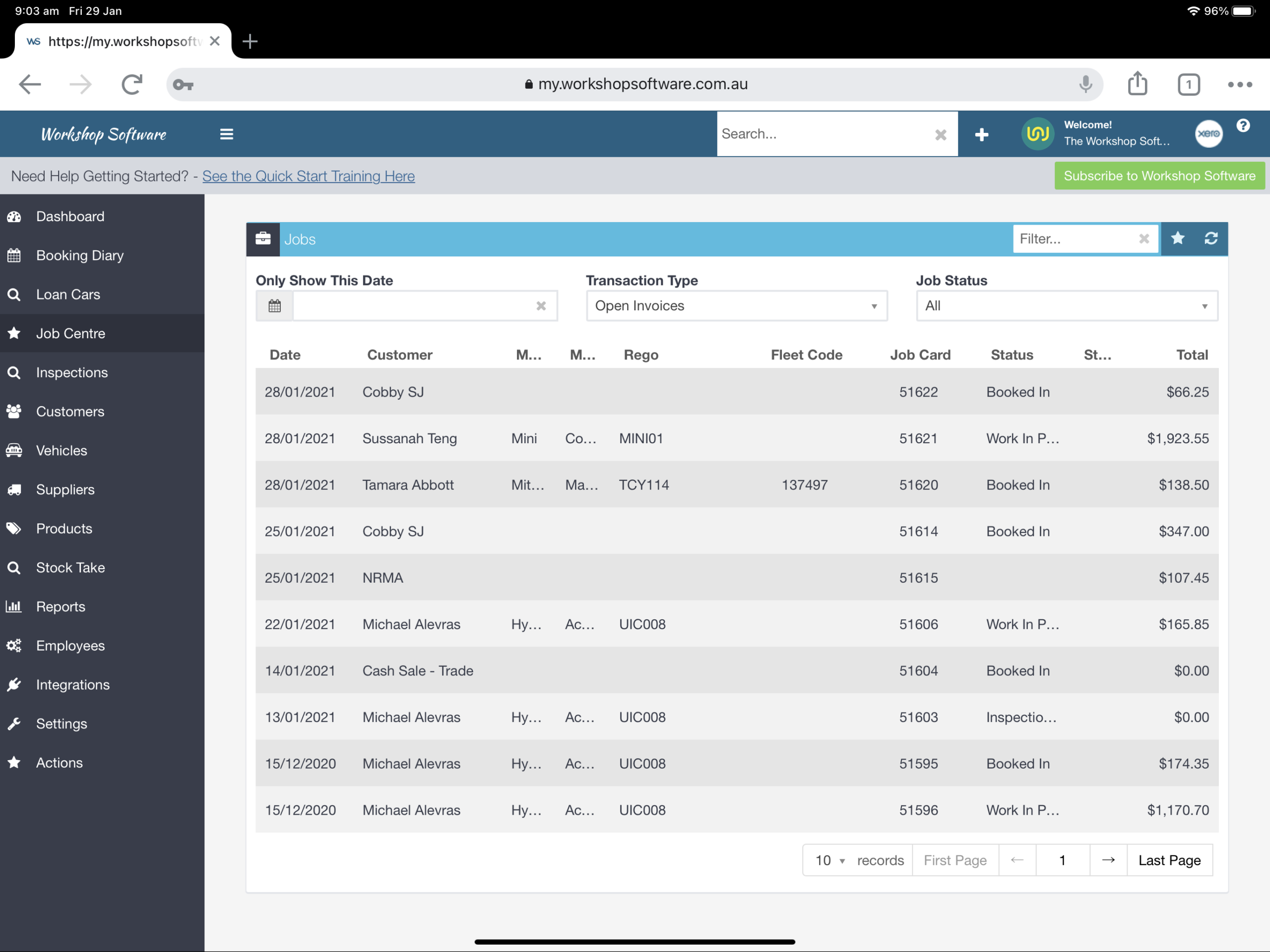 Tablet displaying the Workshop Software transaction list, laid out for the smaller screen