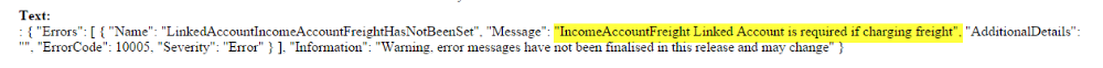 Event log showing the error that the IncomeAccountFreight linked account is required when charging freight