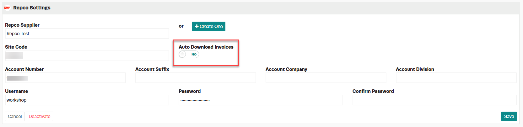 Workshop Software repco automatic invoice feature showing ' auto download invoices ' button to yes