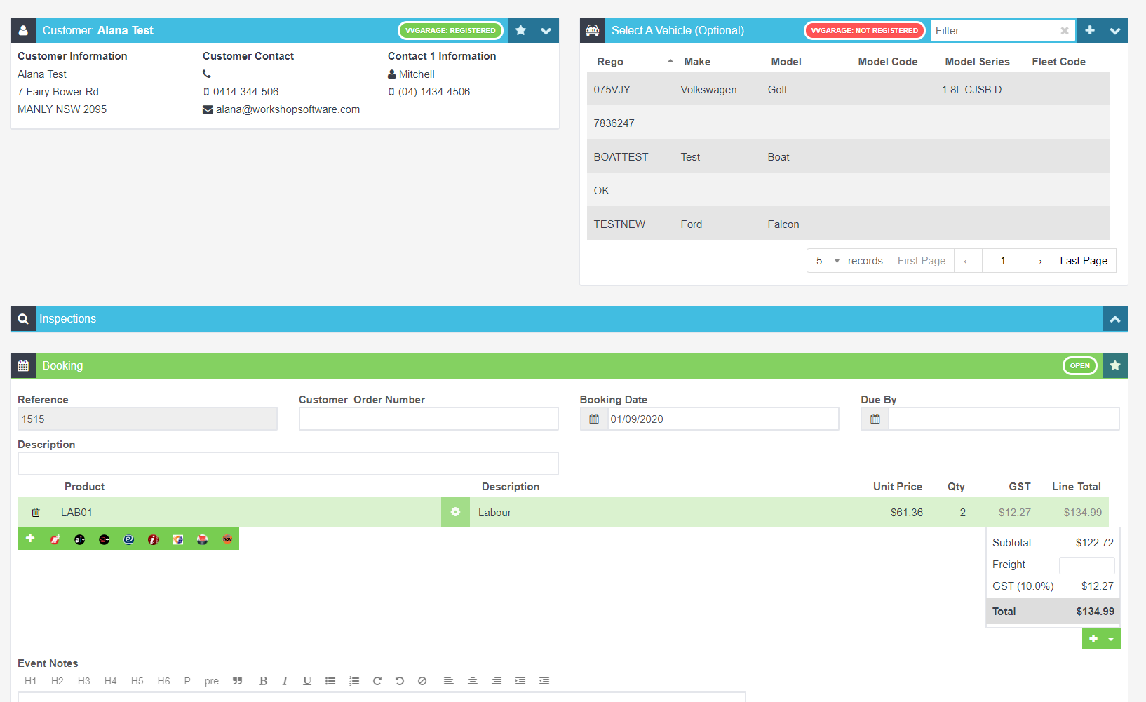 Workshop Software edit a booking in workshop software showing or add any relevant notes