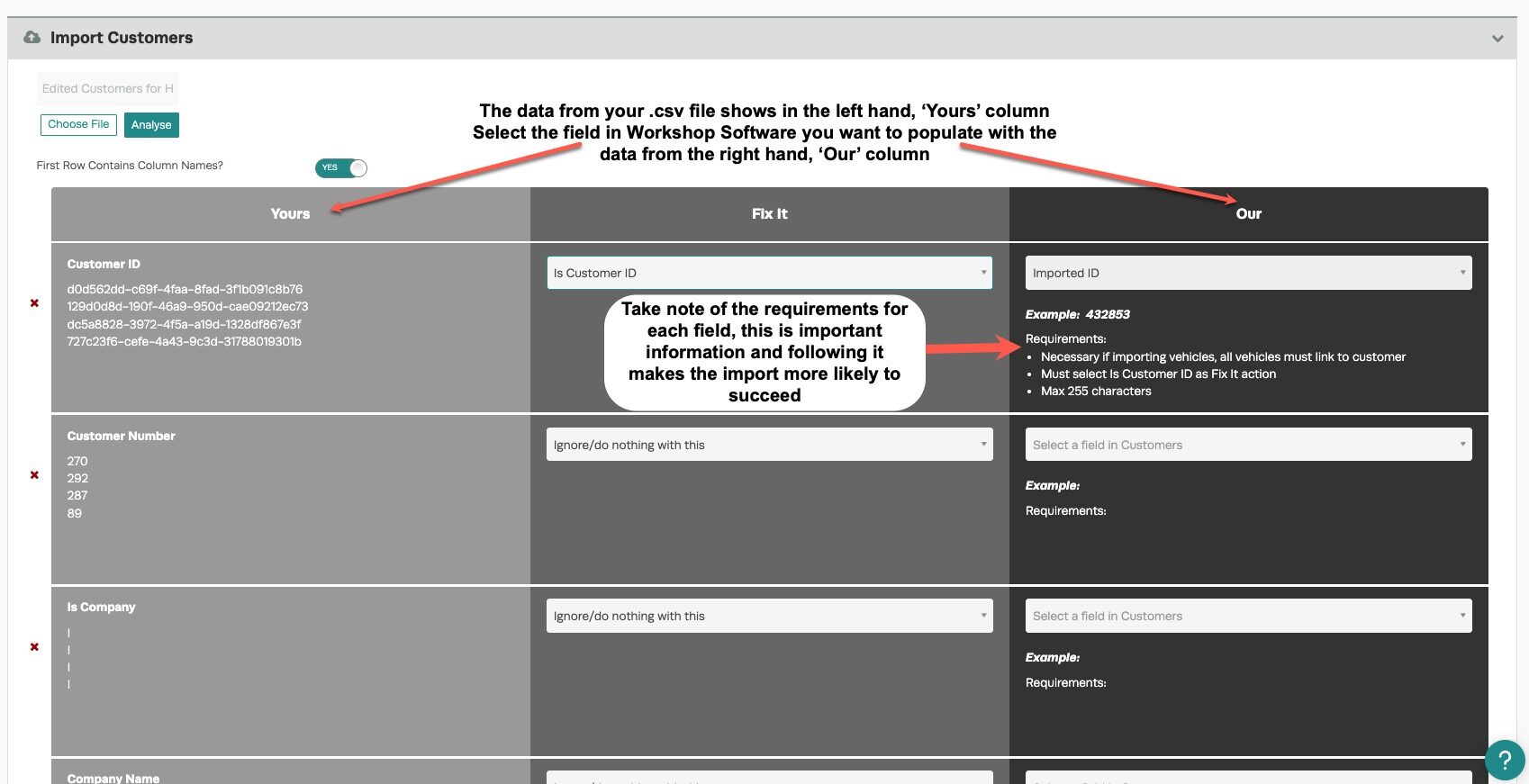 Workshop Software screen showing the middle field, called fix it is used to format the data correctly and gene...