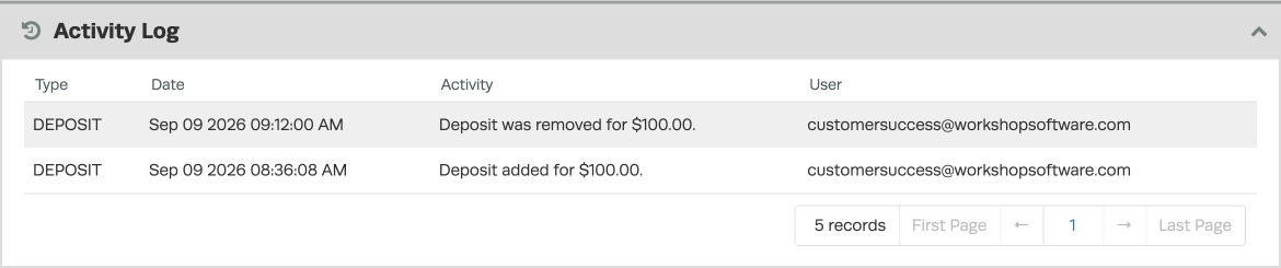 A screenshot of the Invoice Activity Log, showing a Deposit that was taken and refunded.