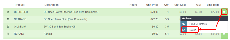 Invoice product lines with the Actions menu open showing Product Details and Notes