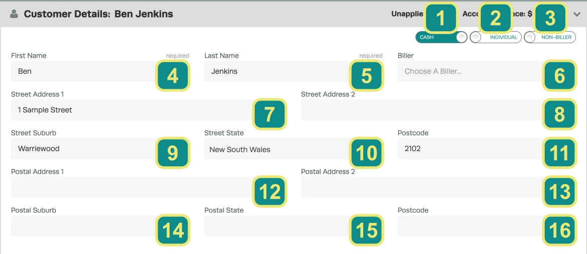A cropped screenshot of the Customer Details screen, the customer settings toggles, name and addresses are shown