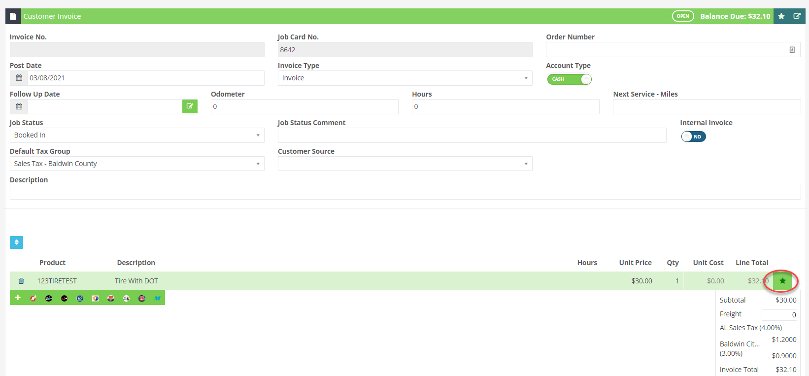 Workshop Software how to register tires with dot/tin showing 'star' button on the right hand side of the tire item