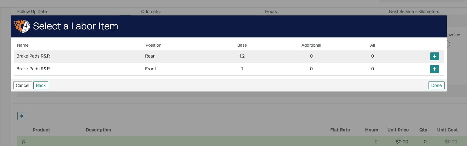 Workshop Software screen showing you will then see the options for the different labor times to add