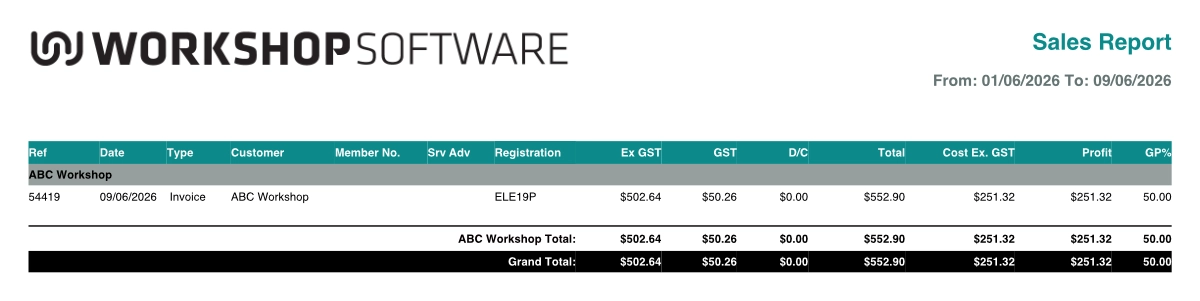 A screenshot showing a Sales Report including only Internal Invoices.