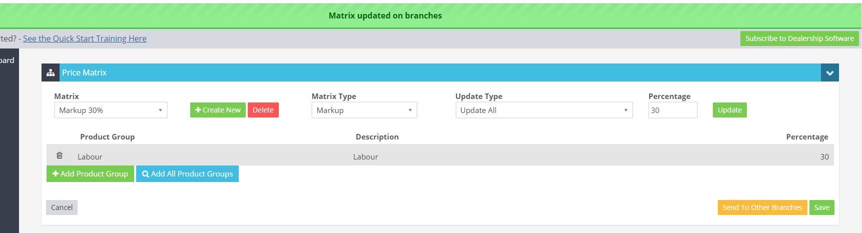 Workshop Software screen showing a green bar will appear that say 'matrix updated on branches'