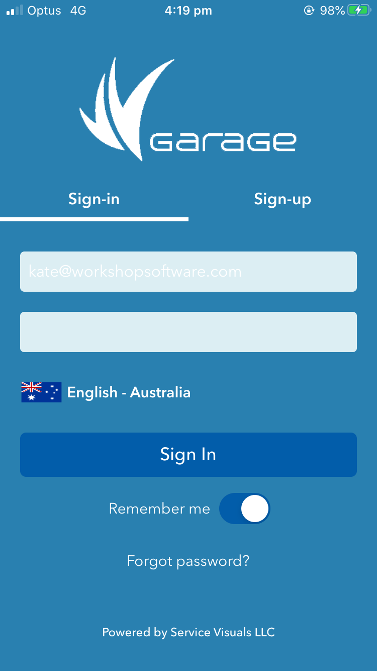 vvGarage sign-in page