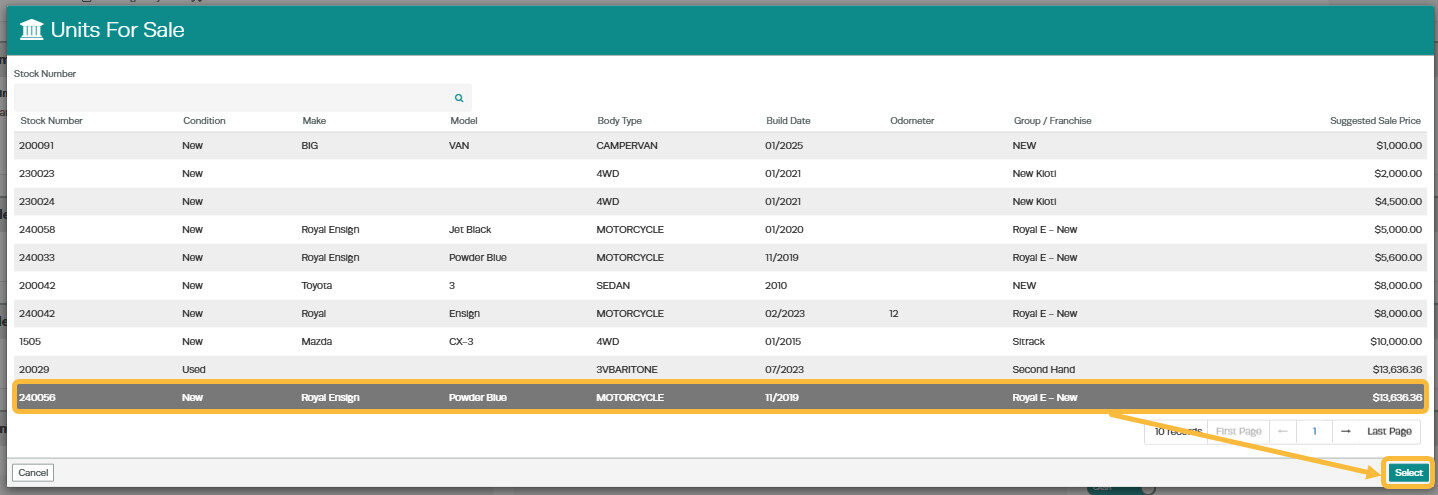 Workshop Software how to sell a unit showing unit which you are selling from the ' units for sale ' list and press ' select '