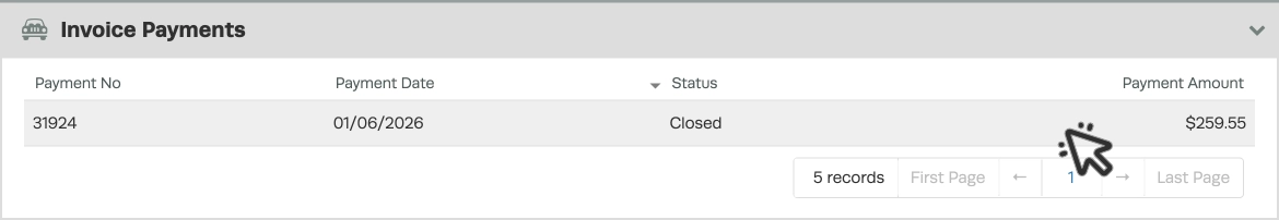 A screenshot of a Payment attached to an Invoice, a cursor indicates a click.