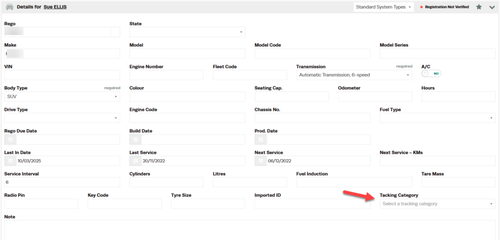 Workshop Software xero tracking categories showing tracking option that you set up in xero under the tracking category