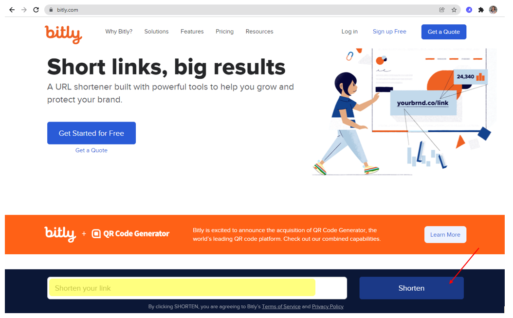 Bitly link shortener home page with the long URL field and Shorten button
