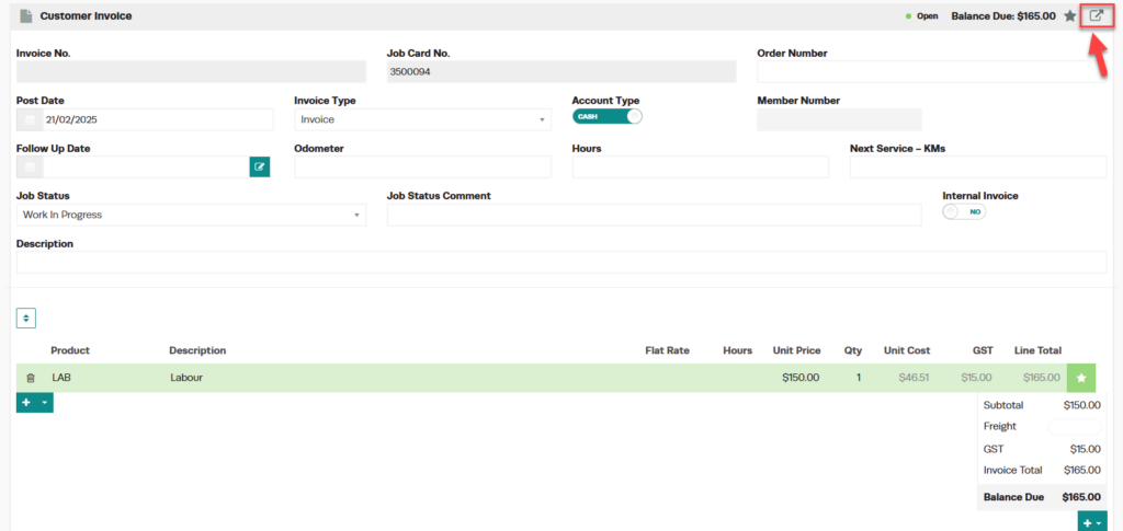 Workshop Software how to save my invoices as a pdf document showing invoice you require, click on the square/arrow icon lo...