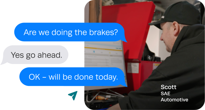 Workshop Software SMS notification example confirming brake service is complete, sent to customer