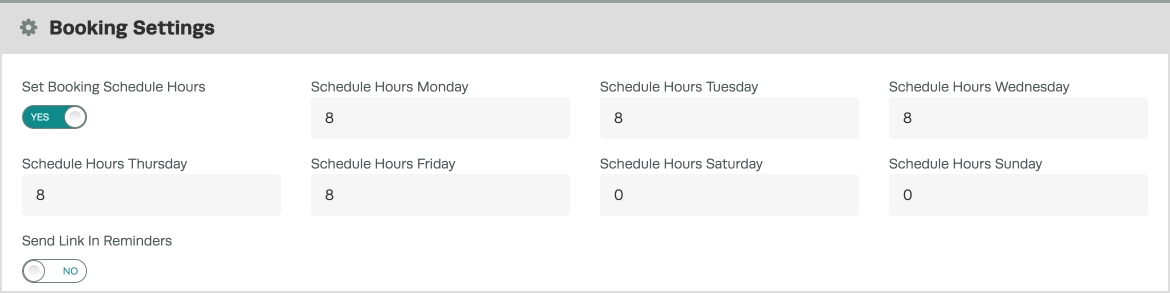 A screenshot of the Booking Settings card when the Set Booking Schedule Hours toggle is enable.