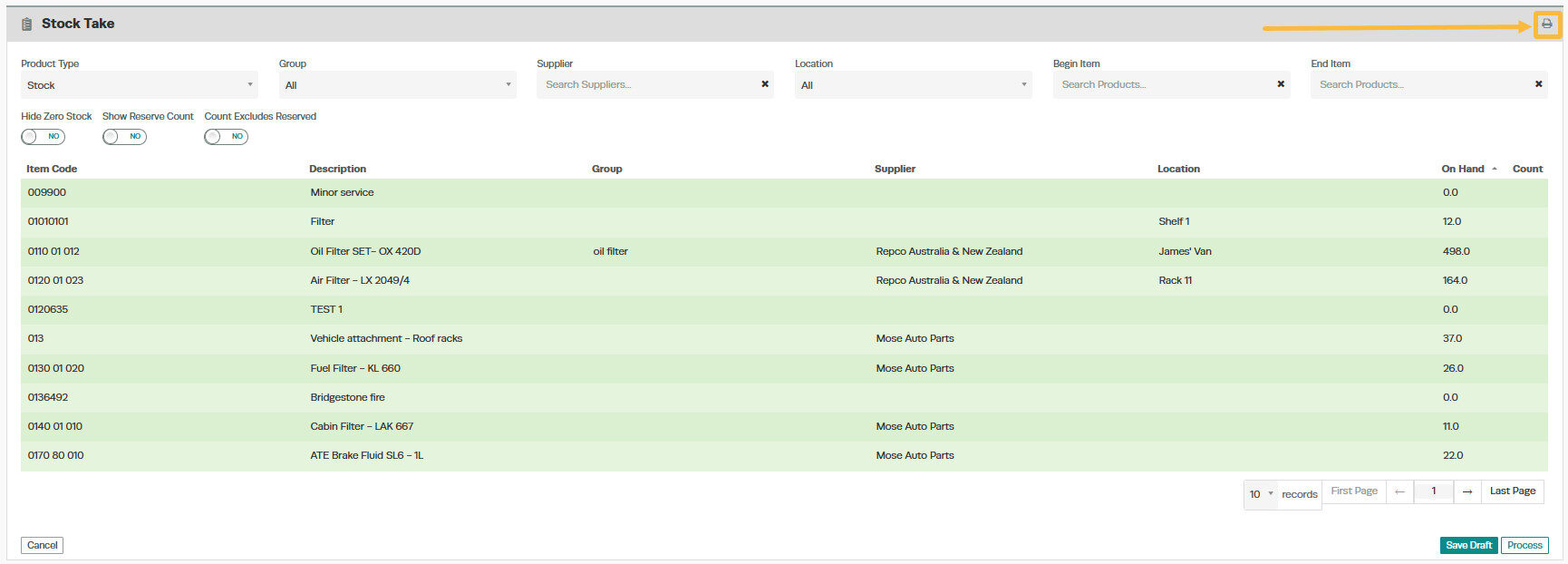 Workshop Software screen showing if you are wanting to print the stock take with all of your inventory counts ...