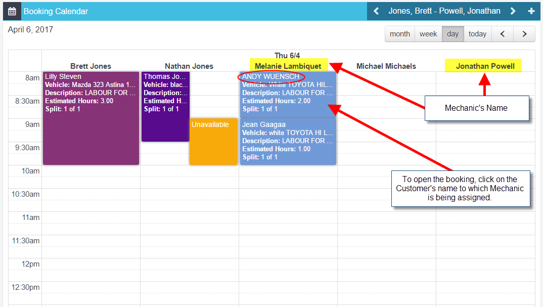 Booking calendar with a booking selected and a note explaining to click the customer name to see which mechanic is assigned
