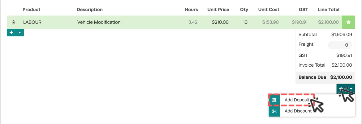 A cropped screenshot of an Invoice. The Deposit and Discount drop down is open and the Add Deposit option is highlighted.