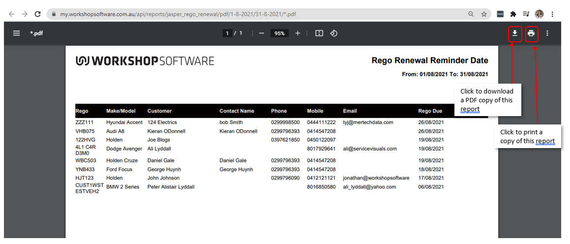 Rego Renewal Reminder Data report open as a PDF with the download and print icons highlighted