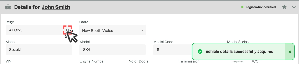 A screenshot of a vehicle's details, the magnifying glass Registration Lookup icon is highlighted.