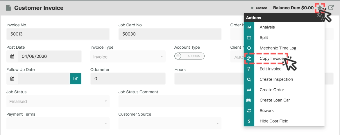 A screenshot of a Customer Invoice, cursors indicate to click the Star icon, then Copy Invoice.