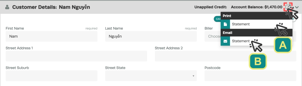 A cropped screenshot of a Customer Page. The export icon and menu next to a Customer Balance is highlighted as are the Email and Print Statement options.