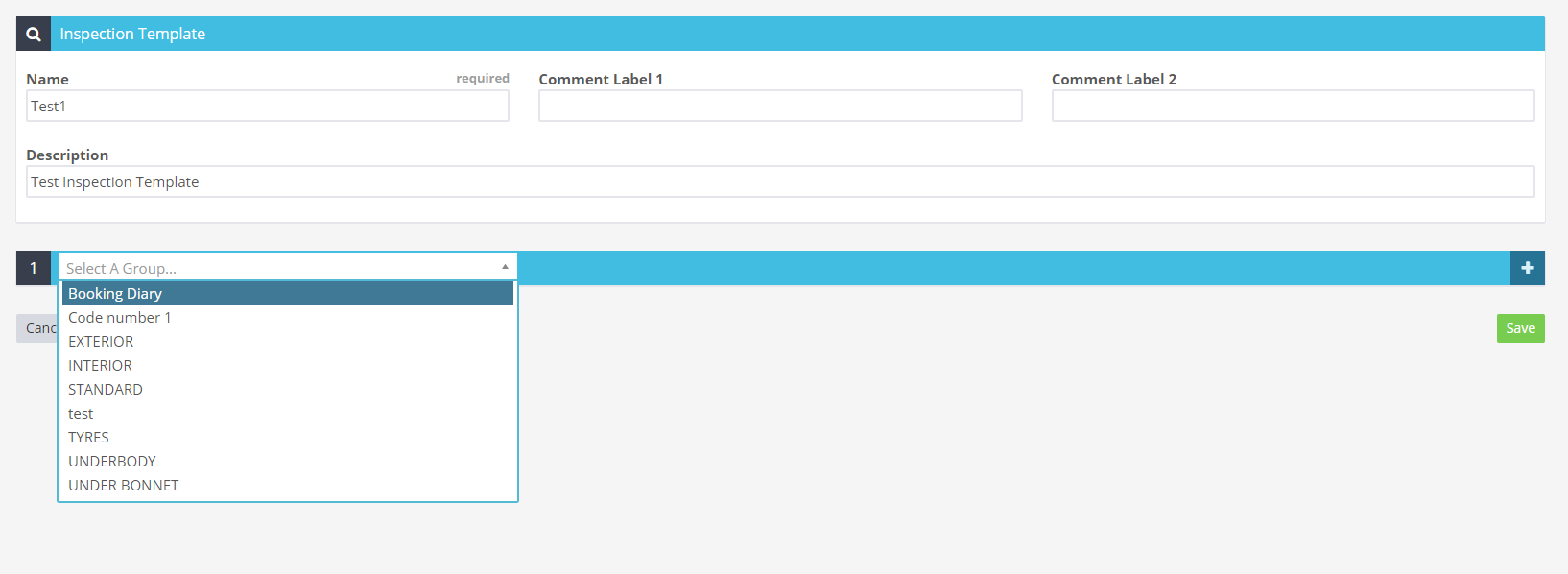 Inspection Template form with the name and description filled in and the group dropdown open