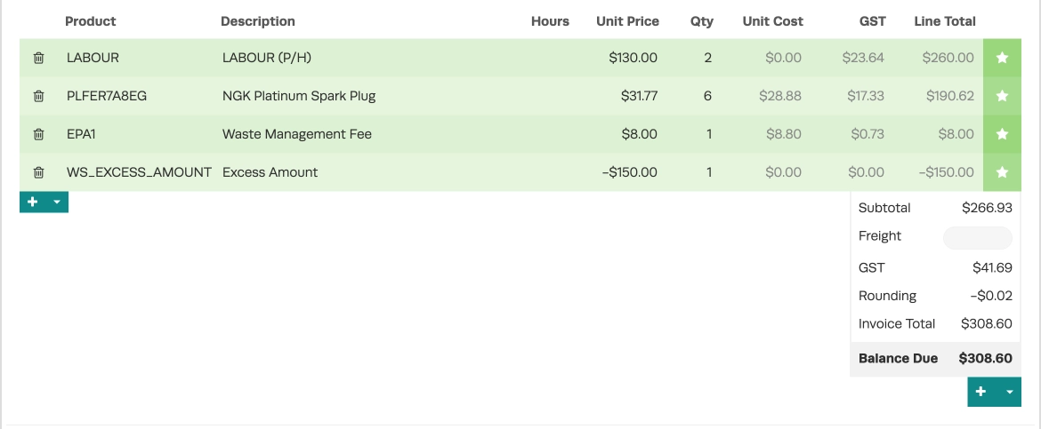 A screenshot of the Product list on a Customer Invoice that has been Split, an excess is visible as a negative cost item.