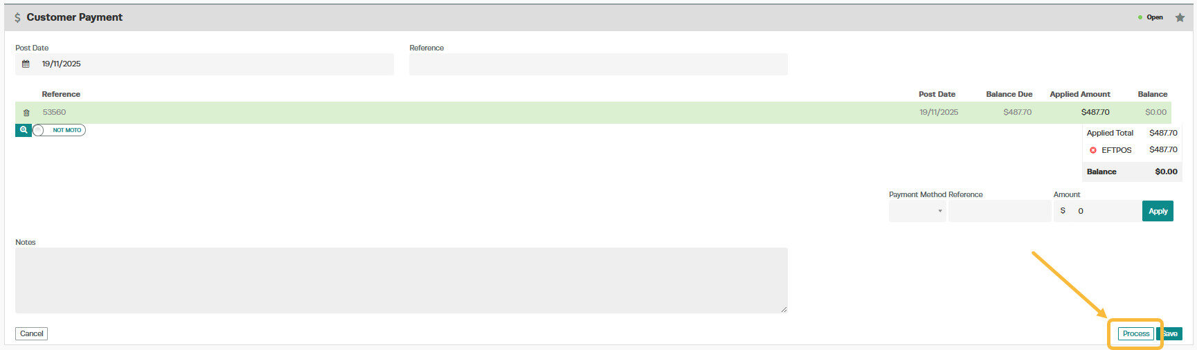 Workshop Software customer payment showing 'process' to process the customer payment