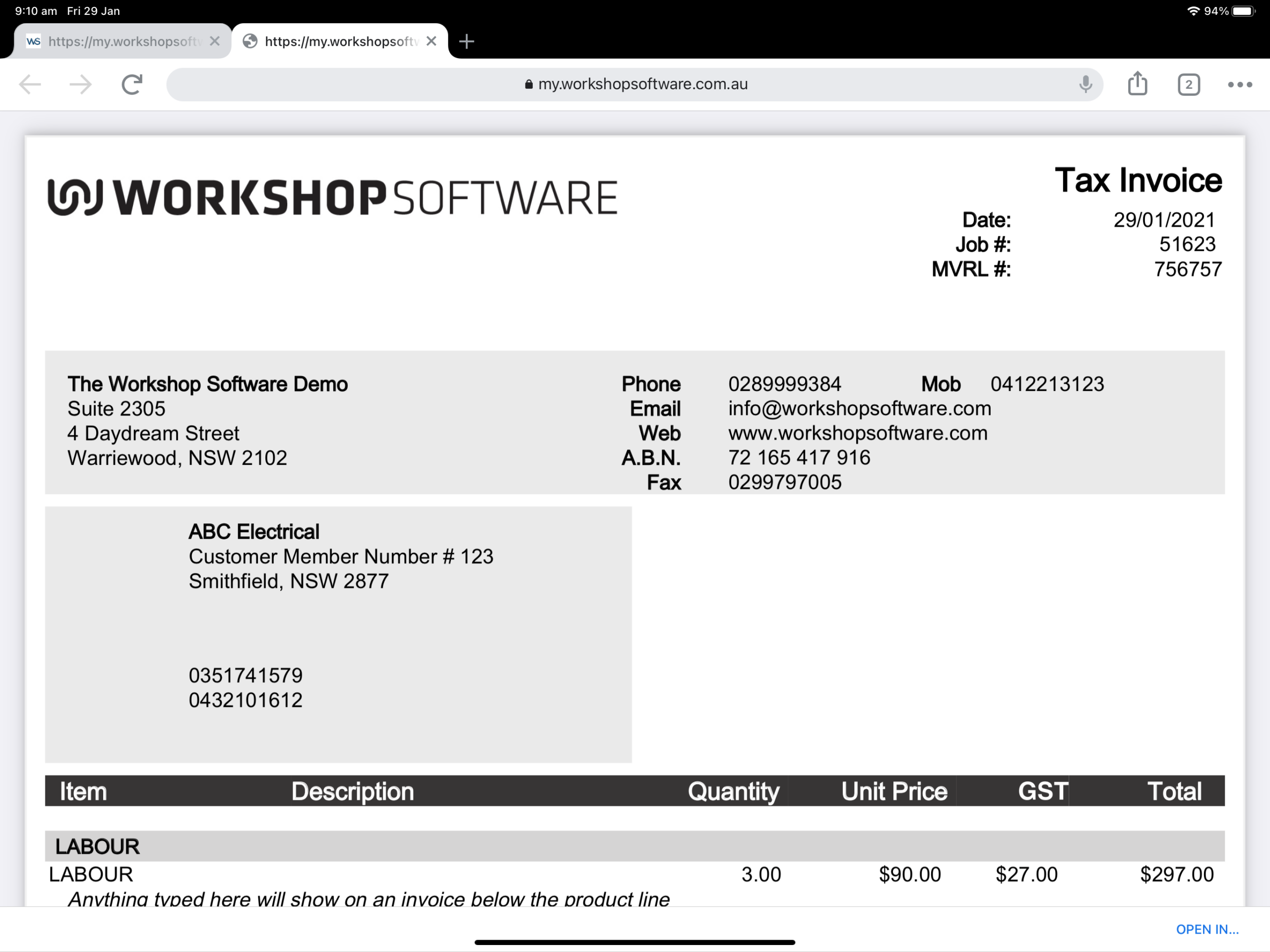 Tax invoice viewed on a tablet