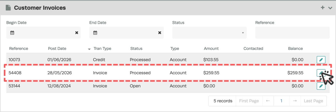A screenshot of a Customer's Invoice list, one invoice is highlighted.