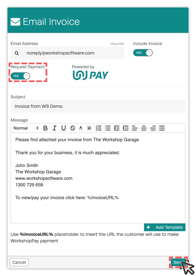 A screenshot of the Email Invoice pop up, the Request Payment tag is set to Yes and highlighted and a cursors indicates to clic the Send button.