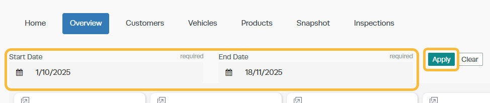 Workshop Software screen showing you can adjust all information to display for a particular date period of you...
