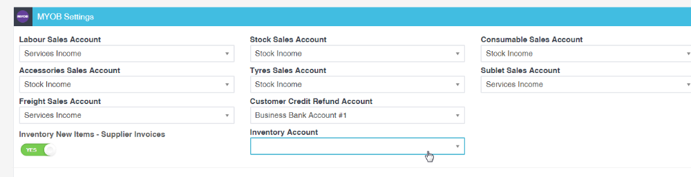 Workshop Software myob - adding a new product using the supplier invoice showing an account in the inventory account box
