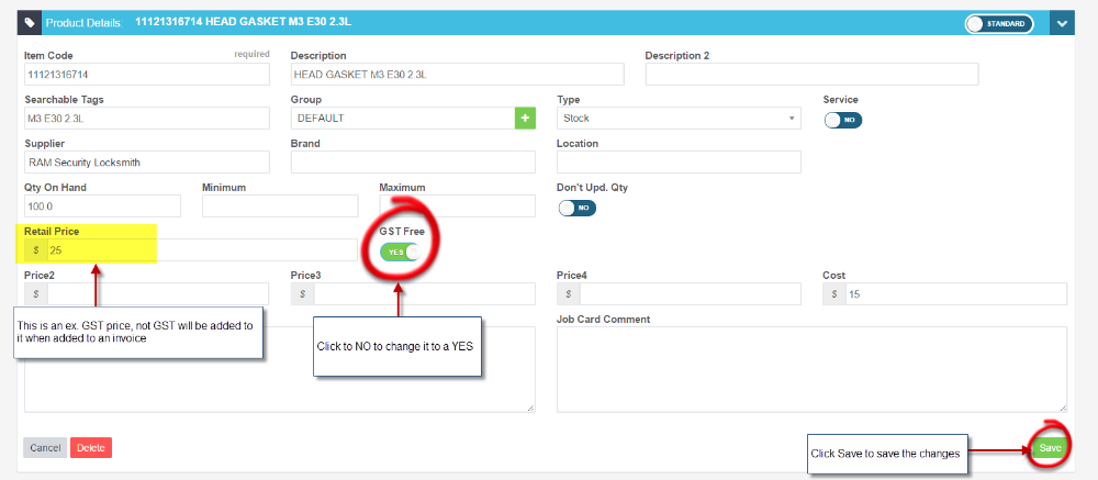 Workshop Software how to make a product gst (tax) free showing green 'save' button to save the change