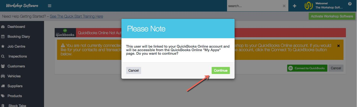 Workshop Software integrate intuit quickbooks with workshop software showing " continue "